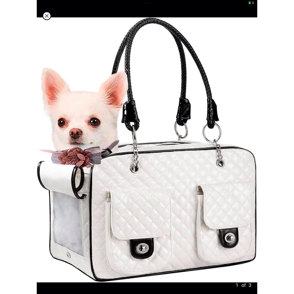Fashion Quilted Small Pet Carrier Purse White Travel Tote Airline Approved NWOT